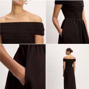Everlane Black Off-Shoulder Maxi / Midi Dress, smocked organic cotton, Fit-flare